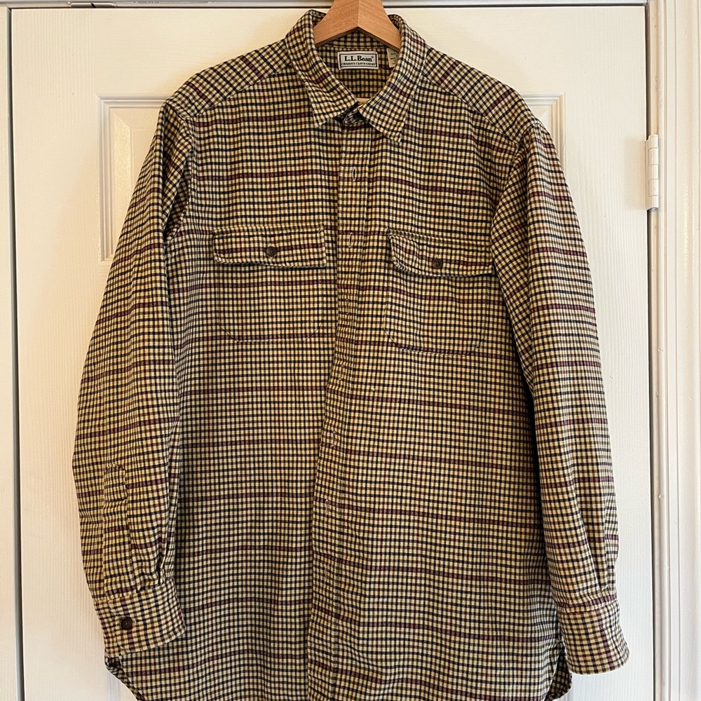 VTG LL Bean Chamois Cloth Flannel Yellow Plaid Shirt Men's Sz XL TALL USA Made